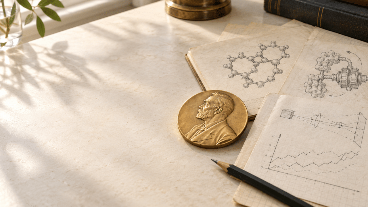 Medaglia Nobel su tavolo con disegni e matita