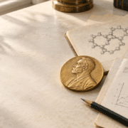 Medaglia Nobel su tavolo con disegni e matita