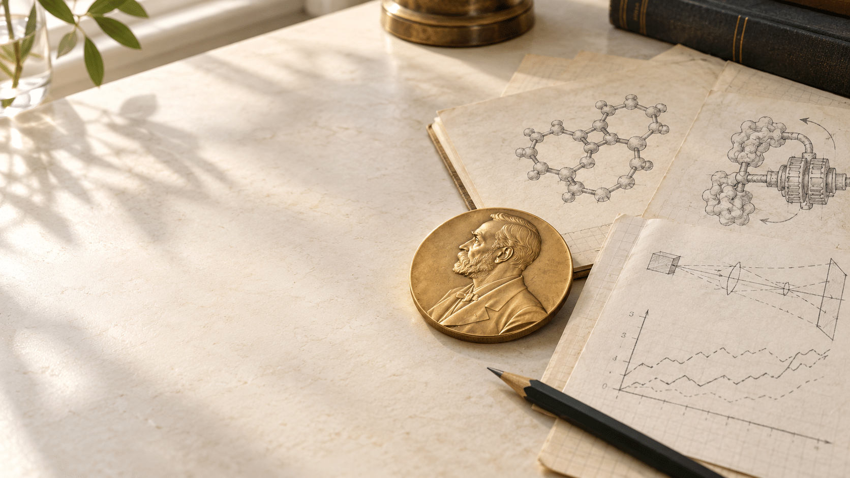 Medaglia Nobel su tavolo con disegni e matita